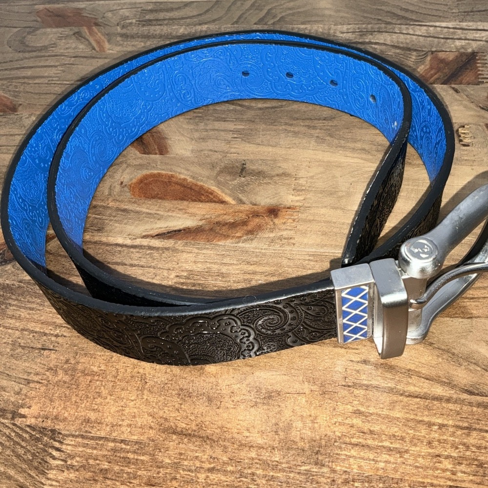 Robert Graham Mens Reversible Paisley Tooled Belt Black/Blue Sz 38 Silver Buckle - Picture 4 of 5